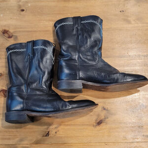 Justin 3233 Men's Black Leather Roper Boots 9.5 EE Wide Made in USA Western Vtg